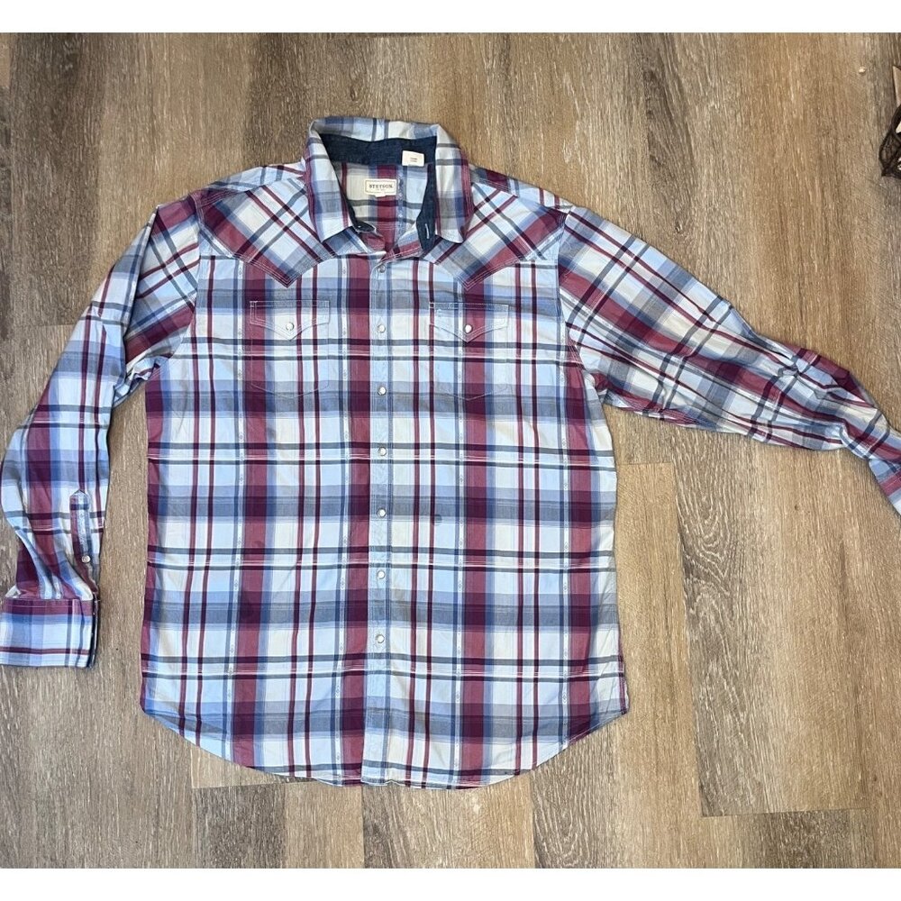 Stetson Mens 3XL Plaid Button-Up Shirt Red/Blue Cotton Casual Western Style